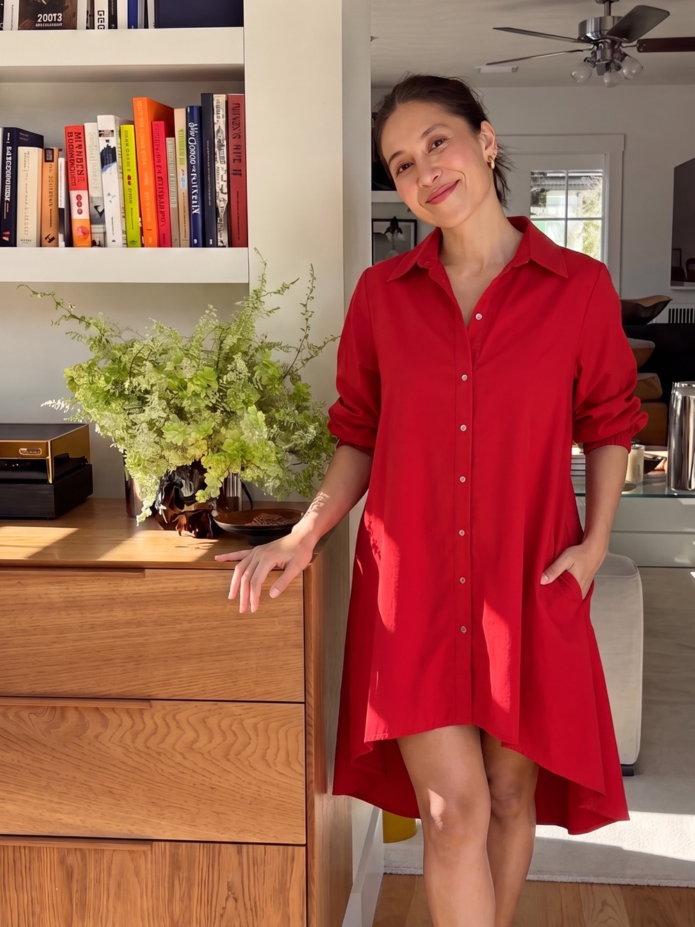 Button-Front Red High-Low Shirt Dress